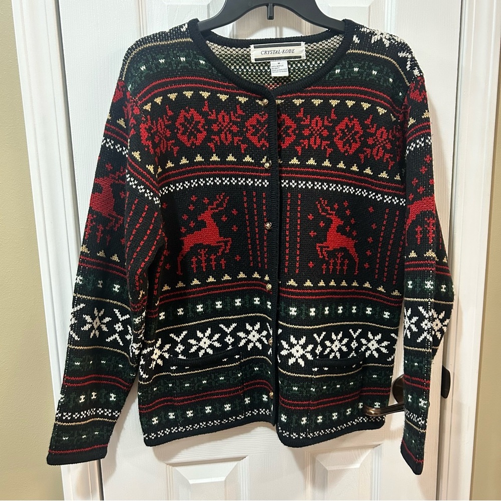 VTG Crystal Kobe Womens Med Cardigan Christmas Reindeer Snowflakes Warm Heavy